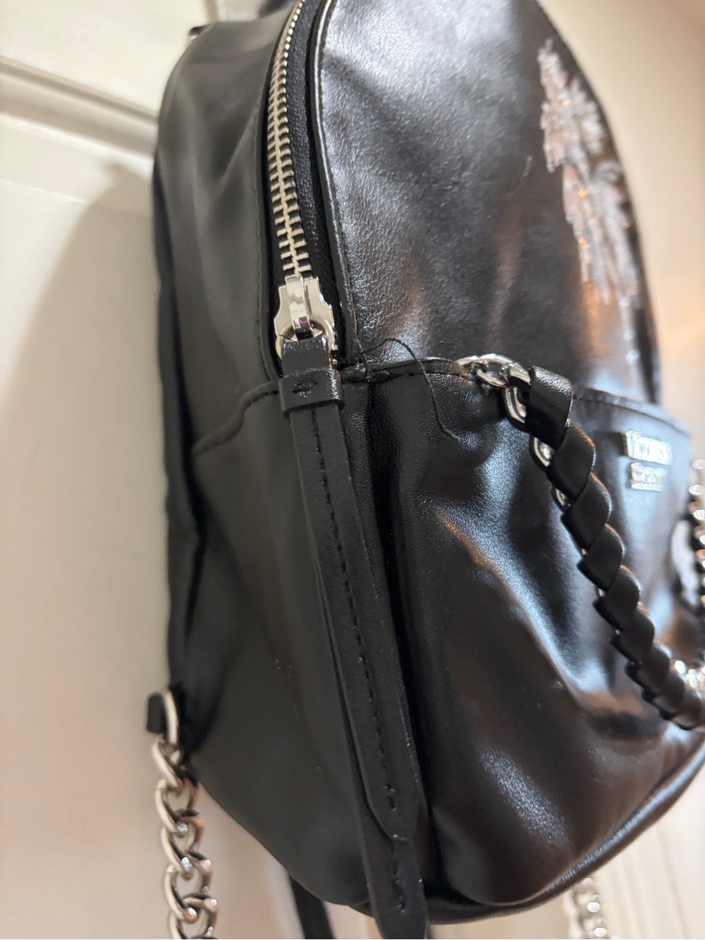 Victoria's Secret Black Mini Backpack with Silver Chain and Palm Accent - Picture 6 of 16